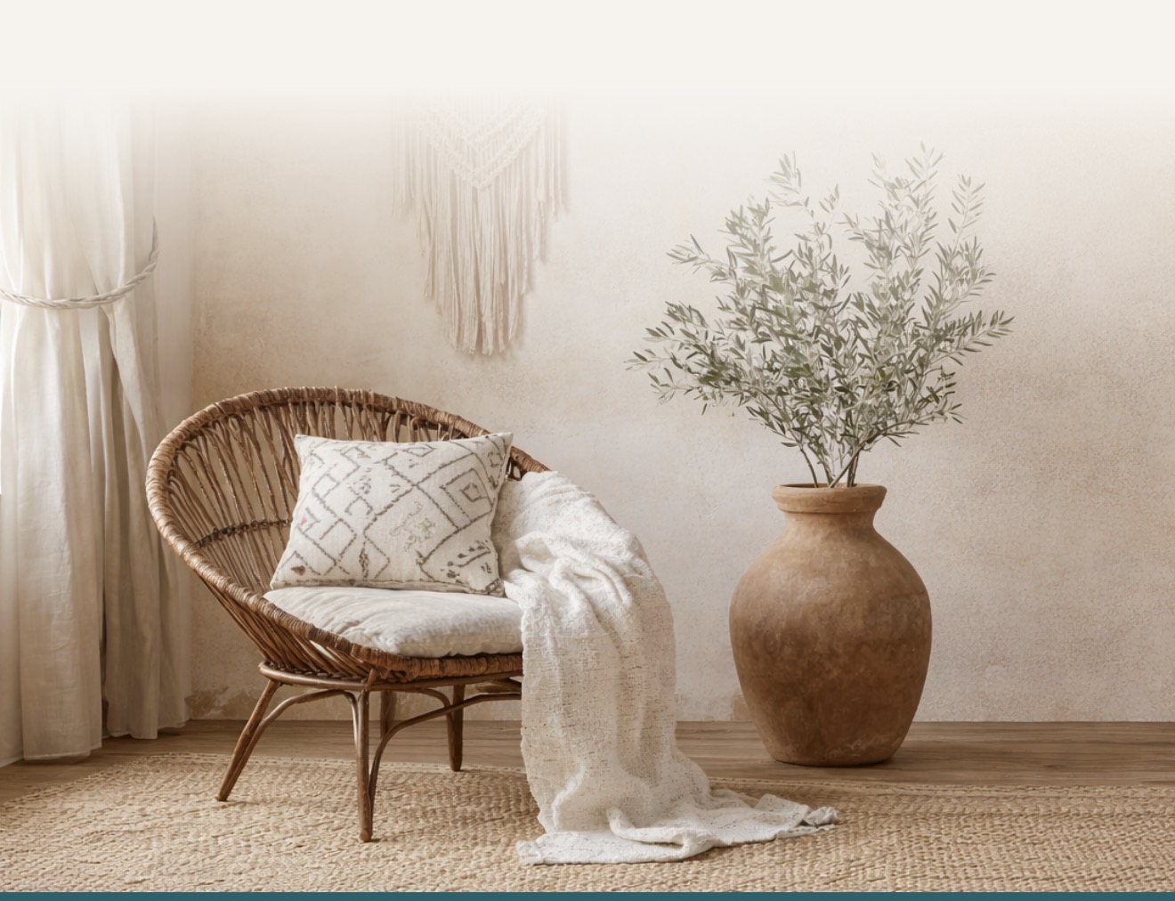 Warm bohemian interior with rattan chair and terracotta vase